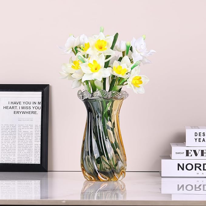 Amber Glass Vase Home Decor, Hand Blown Glass Vases Wide Mouth for Pampas Grass and Flower Decorative, Modern Minimalism Art Murano Clear Glass Vase, Coffee Table, Office Centerpiece