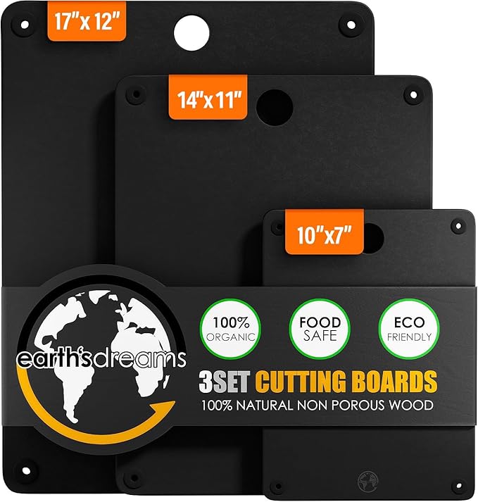 Earth’s Dreams Wood Cutting Board Set 3-Piece: Small, Large & Extra Large - Charcuterie Board, Non-Plastic, Non-Toxic, Heavy-Duty, Dishwasher Safe (Black)