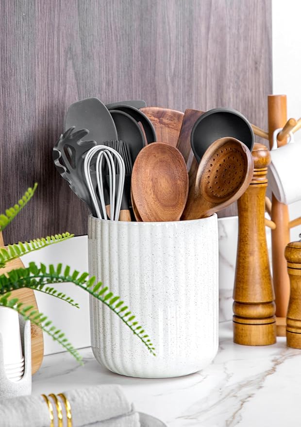 Nucookery Ceramic Utensil Holder for Countertop, 7.2" Large Cooking Utensil Crocks for Kitchen Counter, Farmhouse Kitchen Decor (Sand)