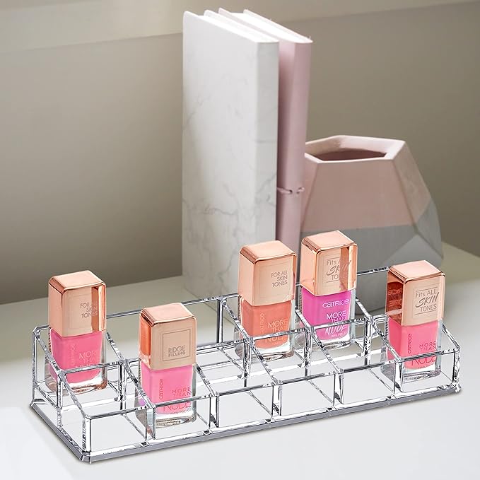 Amazing Abby - Glamour - 12-Slot Acrylic Nail Polish Organizer, Lipstick Holder, Lip Gloss Organizer, Cosmetic Storage Display, Perfect Storage Solution for Drawer, Vanity, Bathroom, and More