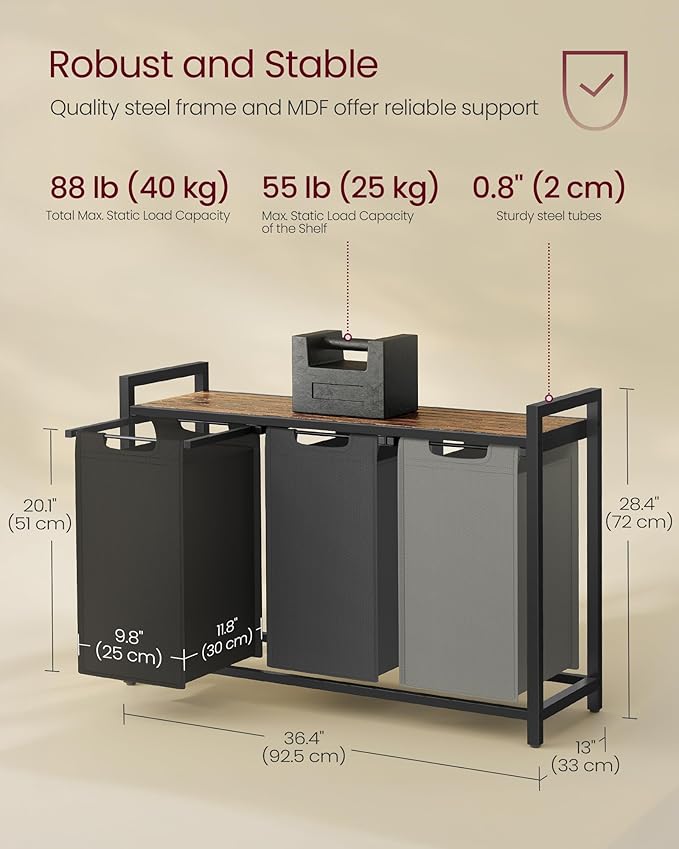 VASAGLE Laundry Hamper, Laundry Basket, Laundry Sorter with 3 Pull-Out and Removable Bags, Shelf, Metal Frame, 3 x 10.6 Gallons (40 L), 36.4 x 13 x 28.4 Inches, Tricolor and Rustic Brown UBLH301X01