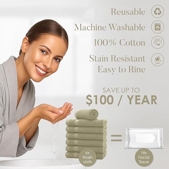 DAN RIVER 12-Pack Premium 100% Cotton Beige Face Towels – Reusable Face Towel Set, Soft & Absorbent Thin Wash Cloths for Bathroom & Body – Hand and Face Towels, 550 GSM (12x12 in)