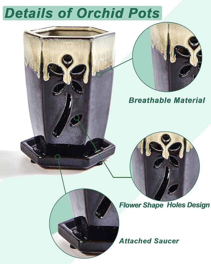 vensovo 4 Inch Ceramic Orchid Pots with Holes and Saucers - 1 Pcs Small Hexagon Succulent Pot for Repotting, Garden Flowerpots for Plants Indoor and Outdoor Promotes Air Circulation, (Black Mixed)