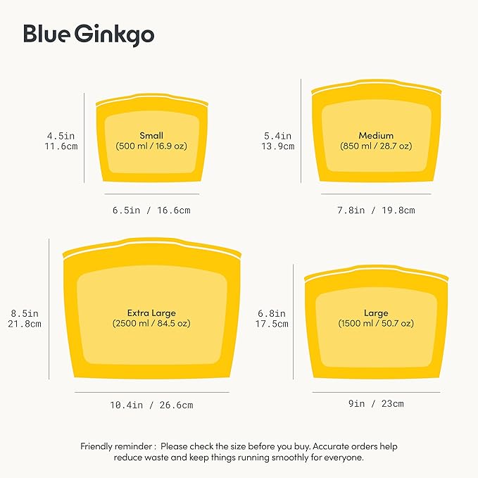 Blue Ginkgo Reusable Silicone Storage Bags – 4-Pack | Korean-Made Stand Up Food, Freezer Bags - Pumkin Yellow