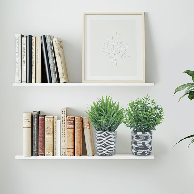 2 Pack Small Fake Plants, Fake Grass Plant, Artificial Boxwood with Geometric Pattern Cement Pots, Small Potted Faux Greenery for Home Decor, Bathroom, Shelf, Office, Farmhouse Decoration