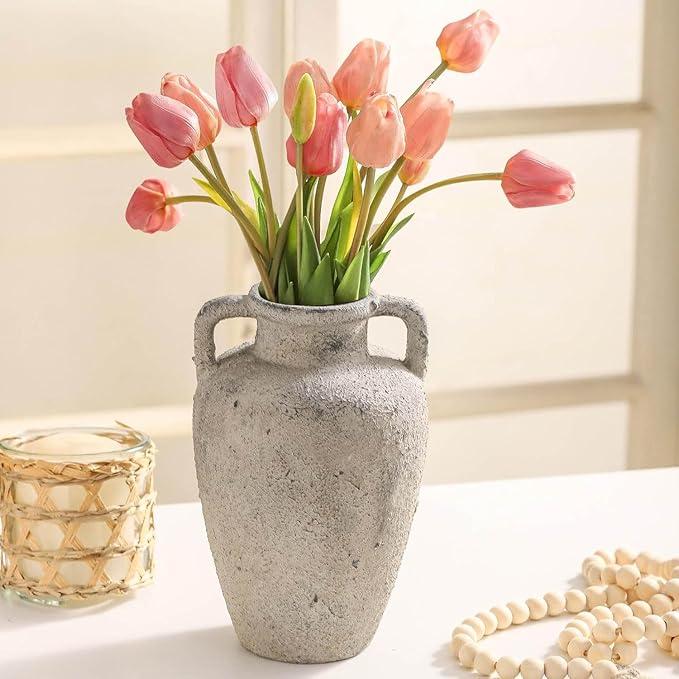 Rustic Vase for Flowers, Ceramic Christmas Terracotta Vase with Handles, 8.85 inch Tall Vintage Farmhouse Flower Vase for Home Decor, Wide Mouth, Living Room Shelf Decor, Enterway, Table