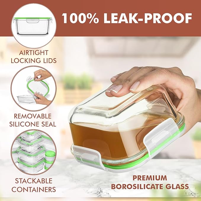 Razab 35 Pc Set Glass Food Storage Containers with Lids - Meal Prep Airtight Bento Boxes BPA-Free 100% Leak Proof (15 lids,15 glass & 5 Plastic Sauce/Dip Containers)