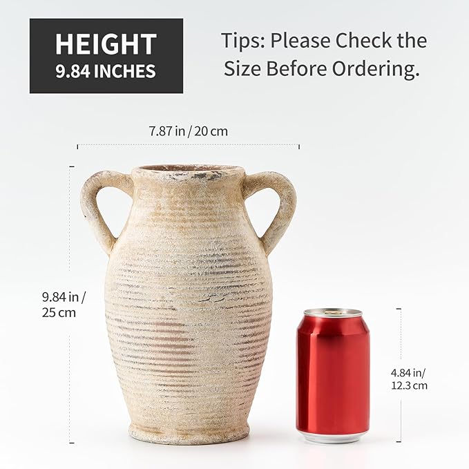 Large Ceramic Rustic Vase with 2 Handles, 9.8 inch Whitewashed Terra Cotta Decorative Pottery Flower Vase for Home Decor, Living Room, Shelf Decor, Enterway, Table Decoration, Gray