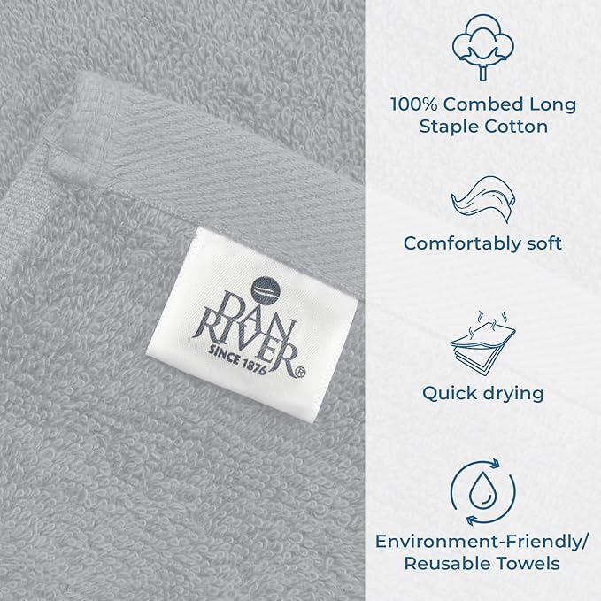 DAN RIVER Bath Towels Set of 4, 27 x 54 Inches, 100% Cotton, Larger & Lighter Weight, Quicker to Dry, Super Soft and Absorbent, Ideal Thick Towels for Daily Use, Silver