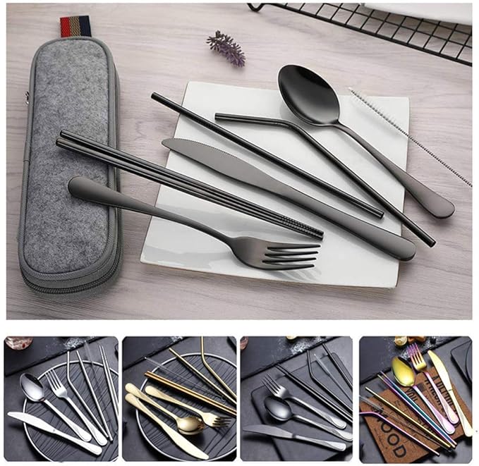 Travel Utensils Set with Case Reusable Stainless Steel Silverware Flatware Set 9 Pcs Portable Cutlery Eating Utensils Set for Lunch Boxes Workplace Camping School, Dishwasher Safe (Multi)