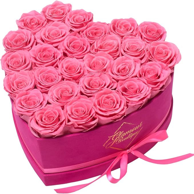 GLAMOUR BOUTIQUE 27 Flower Forever Heart Shape Box - Preserved Roses Gift for Her, Preserved Flowers, Velvet Pink