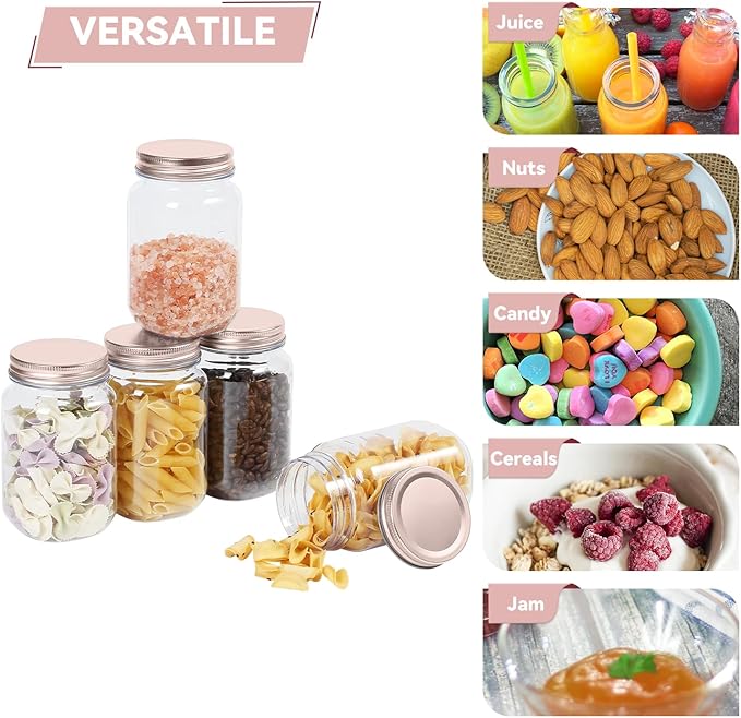 novelinks 16 oz Clear Plastic Jars with Screw-On Lids - BPA-Free Refillable Storage Containers for Slime, Food, Crafts, Kitchen & Household Use (24 Pack,Rose Gold)