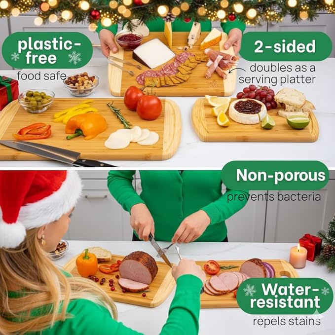 Organic Bamboo Cutting Boards for Kitchen Set of 3 with Lifetime Replacements – Premium Extra Large Wood Chopping Boards with Juice Grooves for Carving & Serving, Non-Toxic & Durable by Greener Chef