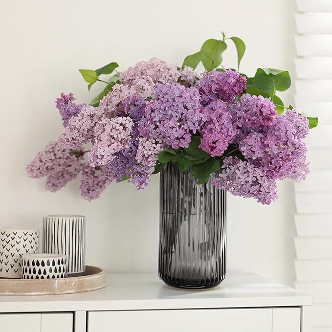 Modern Grey Glass Vase-11 Inch Tall Ribbed Glass Cylinder Vases for Flowers, Bouquet, Desk, Dining Table, Shelf, Decorative Flower Vase for Centerpieces, Home Decor, Living Room, Wedding