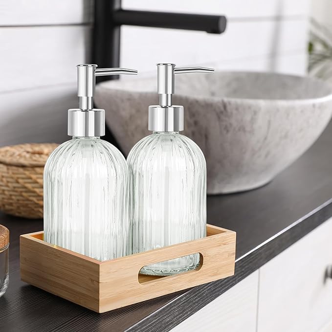 Glass Soap Dispenser with Plastic Pump, Hand Soap Dispenser for Hand Wash, Lotion Dispenser for Dishwashing Liquid, Lotion Shower Gel (Striped Transparent)