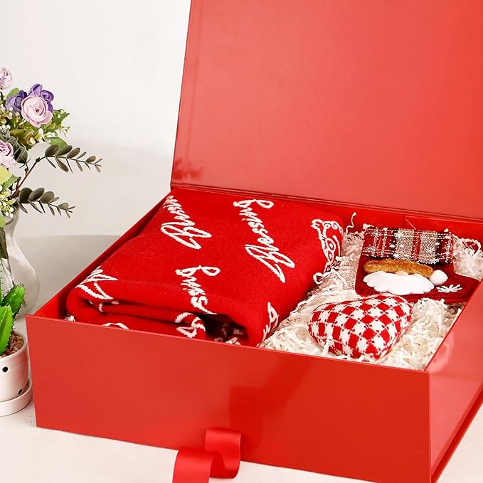 GREEN BEAN Extra Large Gift Box with Lid for Present 16.3x14.2x5 Inches, Red Magnetic Gift Box with Ribbon, Shirt Gift Boxes for Clothes (Glossy Red)