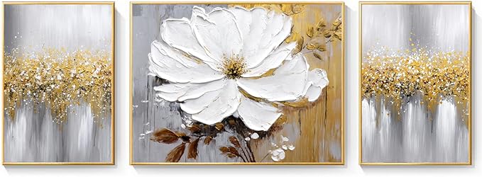 Hand-Painted Floral Canvas Oil Painting for Living Room,Framed 3D Gold and White Abstract Wall Art for Bedroom, Large 3 Pieces Flowerl Wall Painting for Office Kitchen Bathroom Home Decor 24x64 inches