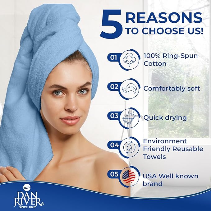 DAN RIVER 8 PC Luxury Bath Towels for Bathroom, 2 Bath, 2 Hand, and 4 Wash Cloths, 600 GSM 100% Ring Spun Cotton Towel Set, Highly Absorbent, Gym, Hotel, and Spa, Medium Blue