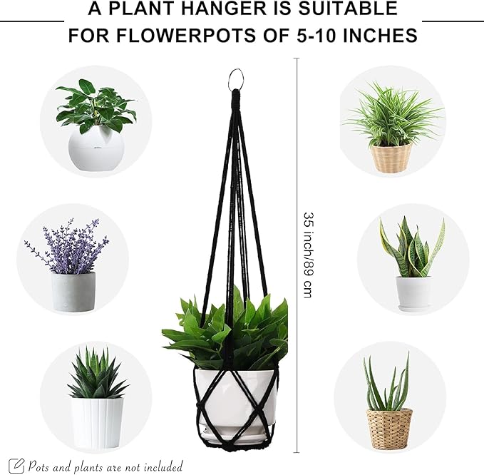 YIBOT Macrame Plant Hanger Indoor Set of 2 with 2 S Hooks, Indoor Outdoor Hanging Planter for Plants Holder with Decorative No Tassels, Boho Home Decor, 35 Inch, Black (Pots Not Included)