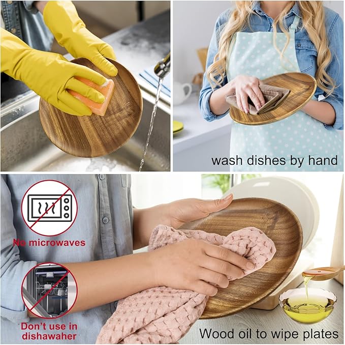 MinBoo Wooden Acacia Plates set of 3, 9-6Inch Wood Acacia Serving Trays, Farmhouse Kitchen Plates, Reusable Wooden Dishware for Dining, Appetizers, Snacks, Parties (oval)