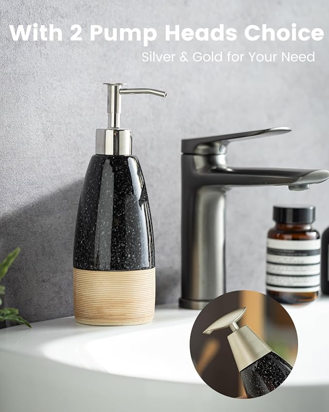 Ceramic Dish Soap Dispenser with 2 Pumps for Hand Soap, Shampoo, Lotion, Conditioner, 12 oz Refillable Soap Bottle with Silicone Funnel for Thanksgiving Chiristmas Bathroom & Kitchen, Black