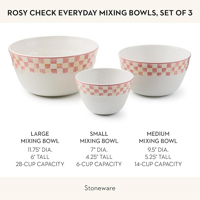 MACKENZIE-CHILDS Set of 3 Everyday Mixing Bowls, Small, Medium, and Large Stoneware Bowls for Kitchen Use, Pink-and-White Rosy Check