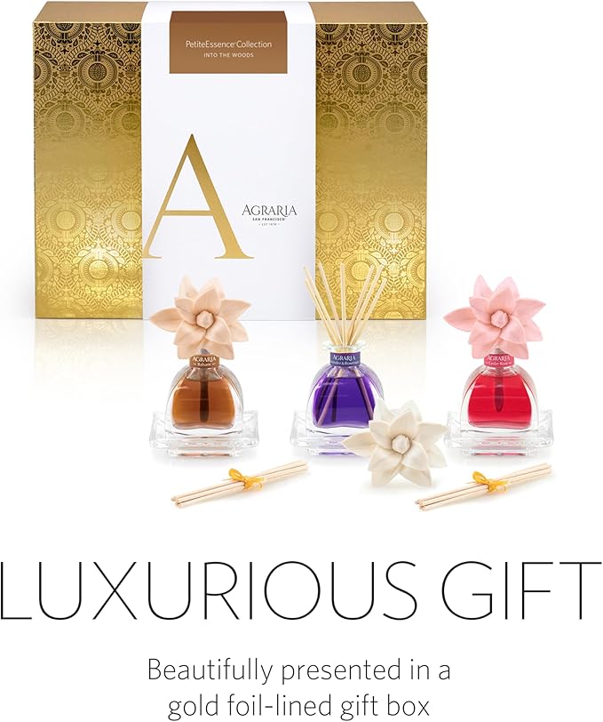 AGRARIA Into The Woods PetiteEssence Collection, Handmade Sola Flower Reed Diffuser Set of 3, Luxury Home Fragrance Scented Oil Diffuser Gift Set