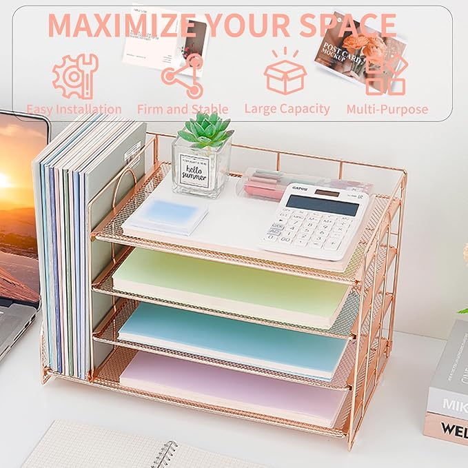 OPNICE 4-Tier Paper Organizer with Magazine Holder, Desk Organizers and Accessories, Office Desk Accessories & Workspace Organizers, Desktop File Organizer for Office Supplies Storage, Rose Gold