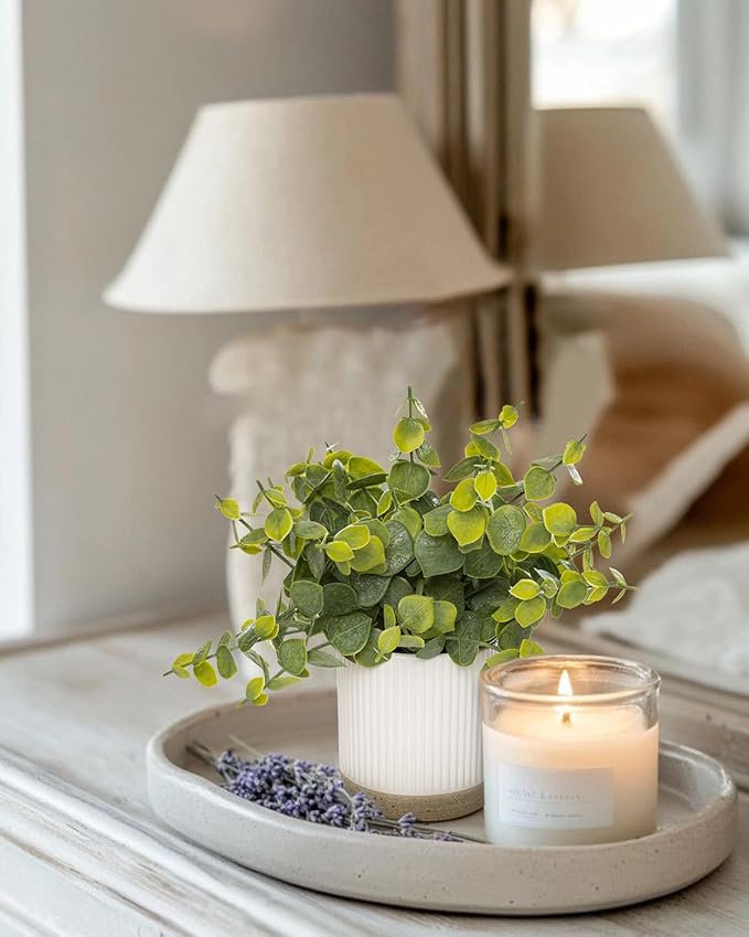 Small Fake Eucalyptus for Decorative Trays,9.5" Artificial Eucalyptus Ceramic Potted Plants for Office Desk,Faux Greenery Plant for Home Bathroom Floating Shelves Decor(Green)
