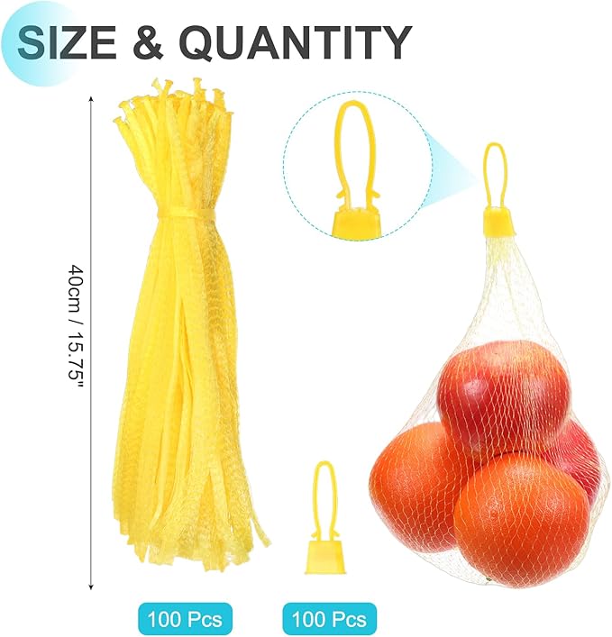 uxcell 100 Pcs Reusable Mesh Produce Bags, 40cm/16 Inch Washable Net Storage Bags Reusable Grocery Reusable Storage Bags with Plastic Buckle for Fresh Fruit Vegetables Seafood, Yellow