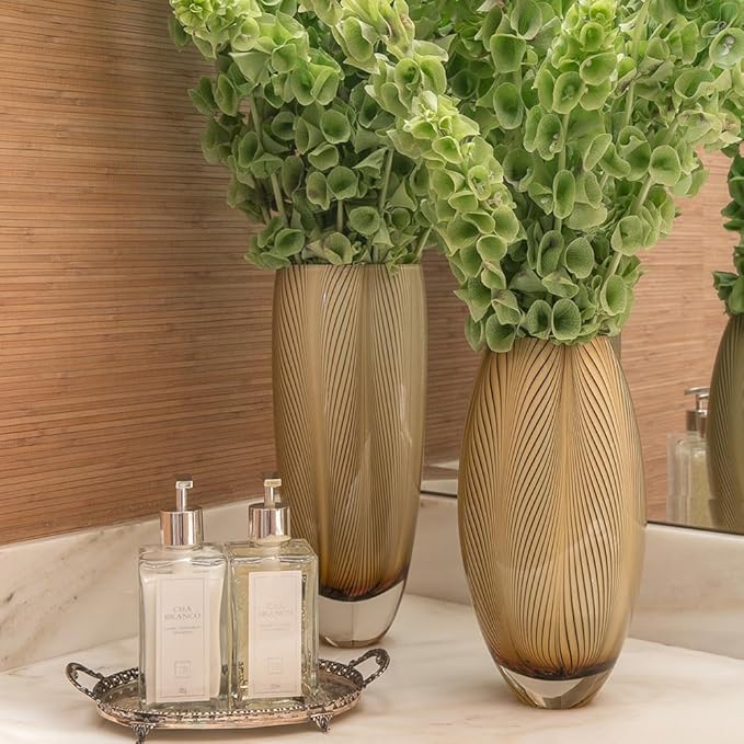 Ca D Oro Murano Style Glass Vase Amber Feather Pattern Hand Blown Art Glass for Flower, Room Decoration and Centerpiece - Model 54 MS