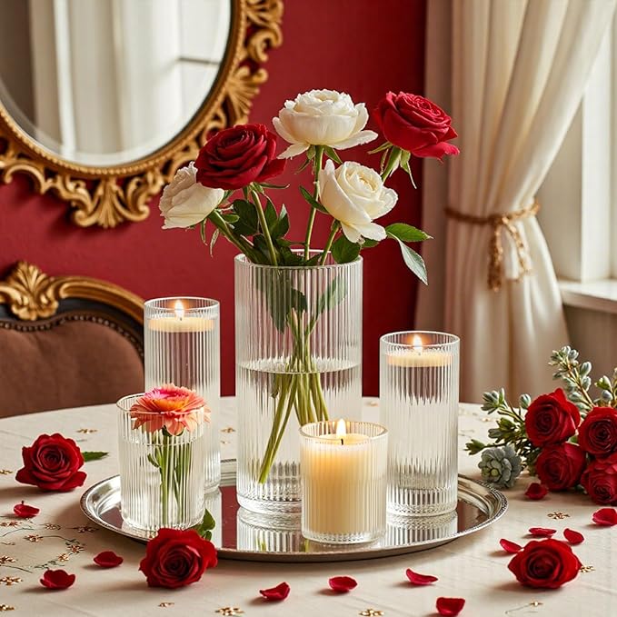 16 Pack Ribbed Glass Cylinder Vases 5.5, 6 Inch Tall Clear Flower Vase Hurricane Floating Candle Holder for Table Centerpiece Wedding Home Decor