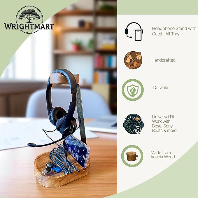 Acacia Wood Headphone & Phone Stand with Tray – Dual Device Holder Desk Organizer for Over-Ear Headphones & Mobile Phone, Gaming Setup, Workstation, Stylish Wooden Catchall