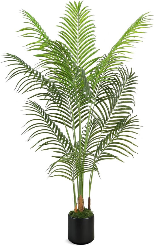 5FT Artificial Palm Tree, Tall Fake Tropical Areca Plant with Black Round Planter for Indoor Outdoor Home Decor, Realistic Faux Palm Tree for Living Room, Office, Porch, Garden