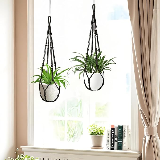 Macrame Plant Hanger Indoor Set of 4 with 8 Hooks, Indoor Outdoor Hanging Planter for Plants Holder with Decorative Wood Beads & No Tassels, Boho Home Decor, 35 Inch Black (Pots Not Included)