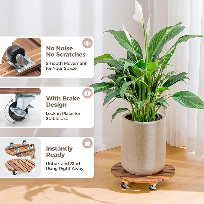 Bamworld Plant Stand with Wheels Plant Caddy Outdoor 4 Pack 12in Rolling Planter Caddy with Swiveling and Lockable Caster for Indoor Patio Plant Dolly Wood Wheeled Mobile Roller