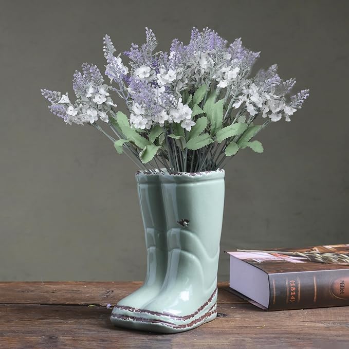 Quoowiit Ceramic Rustic Farmhouse Boot Vase, Green Distressed Flower Vase for Home Decor, Decorative Vases for Centerpiece Table Decorations, Vases for Living Room Kitchen Entryway Mantle Shelf Decor