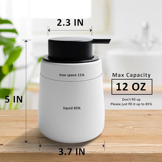 Soap Dispenser Ceramic with Easy-to-Press Pump Hand Lotion Liquid Dispenser for Shampoo Bathroom Kitchen 12 oz Blackwhite