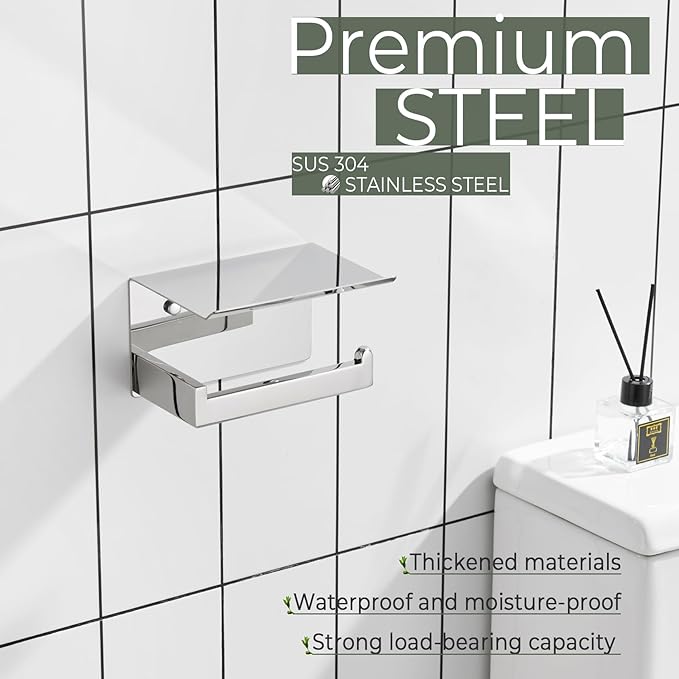 KOKOSIRI Toilet Paper Holder with Shelf Chrome Bathroom Toilet Roll Holder for Restroom T-304 Stainless Steel Wall Mounted, Polished Finish, B2010CH