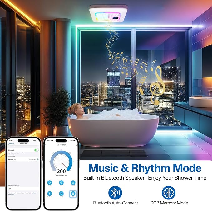 Smart Bathroom Exhaust Fan with Bluetooth Speaker, 230 CFM 1.0 Sone Exhaust Fan with Humidity & Odor Sensor, Remote/App/Voice Control, Adjustable LED Lighting & Dynamic RGB Mood Light (White)