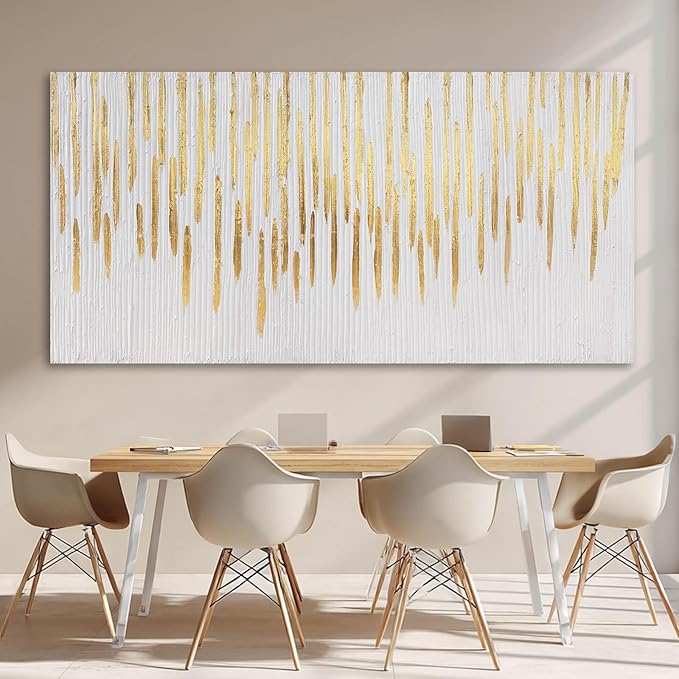 White And Gold Wall Art Abstract Pictures Hand Drawn Paintings Framed Canvas Arts 29"x58" for Living Room Office