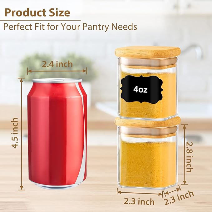 12 Pack 4 oz Square Glass Spice Jars with Lids and Labels – Airtight Small Seasoning Containers Set, Clear Glass Storage Jars for Seasoning, Spices, Kitchen Pantry Organization