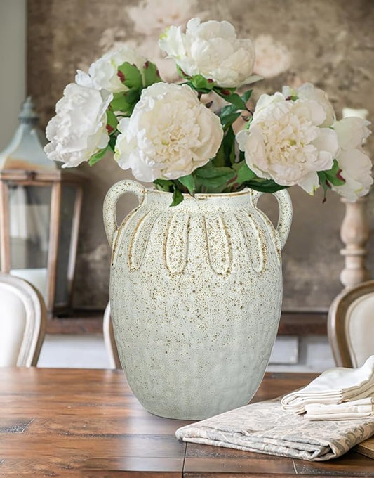Ceramic Vase with 2 Handles,7.8 Inch Rustic Farmhouse Boho Vase for Home Decor, Petal-Like Pluting Vintage Vase for Flower, Centerpiece Table Decoration