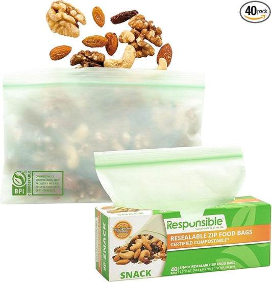 Responsible Products Certified Compostable SNACK Resealable Zip Bag, Extra Strength Food Bags, Plant-Based Freezer-Safe (40 Pack)