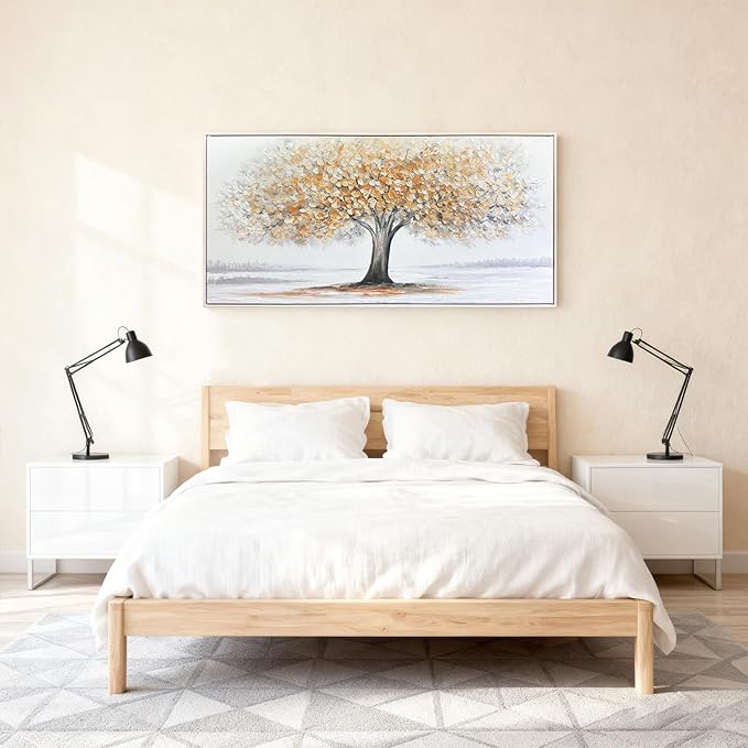 White Tree of Life Canvas Wall Art, Modern Abstract Textured Painting, Large Framed Panoramic Landscape Artwork for Living Room, Bedroom, Office, Home Decor 40"x20"