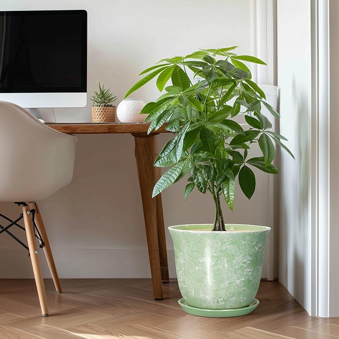 12 Inch Pots for Plants - Ceramic Plant Pots with Drainage Hole and Saucer, Large Round Planter for Indoor Outdoor, Modern Flower Pot, Decorative Planters, Garden Decor, Garden Gifts, Green