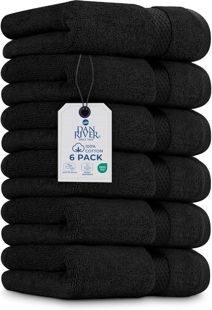 DAN RIVER 6-Pack Premium Hand Towels (16x28 Inches) - 100% Cotton, Ultra Soft, Lightweight, Highly Absorbent Towels for Bathroom, Spa, Gym, Salon, Hotel, and Travel - 550 GSM – Black
