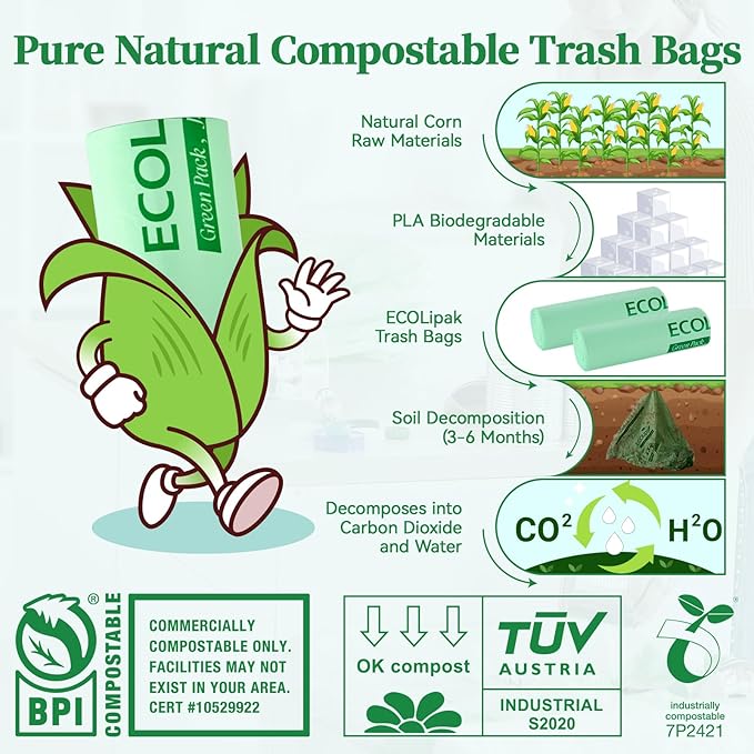 ECOLipak 55 Gallon Compostable Trash Garbage Bags, 12 Count (1 Roll) Biodegradable Heavy Duty Large Outdoor Trash Bags for Lawn/Yard, US BPI ASTM D6400 and OK Compost Home Certified