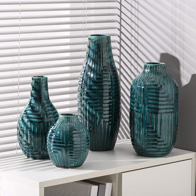 hjn Tea Ceramic Vase- Modern Decor Vases for Living Room/Bookshelf/Mantel/Home Decor Accents - Teal texture-Large-10.6" H