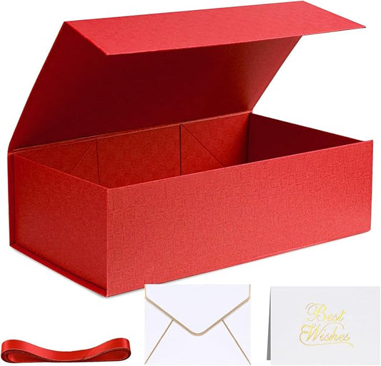 VGOODALL Red Magnetic Gift Box, 14x8.7x4.3inches Gift Box with Lid, Ribbon, Card, Envelope & Stickers for Multiple Occasions